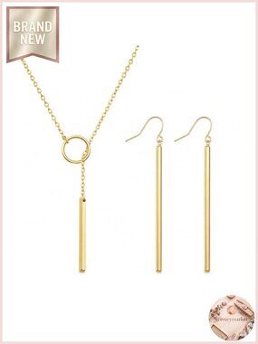 Gold Plated Dangle Earrings Layered Bar Pendant Necklace Set Delicate Lariat